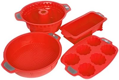 Bakeware Silicone Set, Gela Cake Molds For Baking, The Ideal Choice For Cakes, Muffins, Cupcakes, Bundt Cakes And More - 4 Piece Cookware Set Of Red Pans