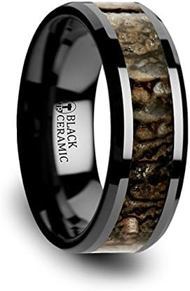 Silurian Brown Earthtones Dinosaur Bone Inlay on Black Ceramic Wedding Band Beveled Edged Ring 8mm Custom Personalized Inside Engraved