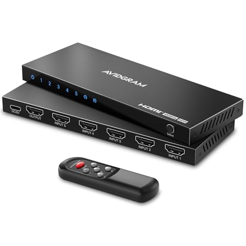 HDMI Switch 4K 60Hz, AVIDGRAM HDMI 2.0 Umschalter 5 in 1 Out, 5 Port HDMI Selector Box with IR Remote Control Support HDCP 2.2 HDR10 3D 18Gbps for Xbo