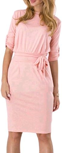 MirrorWomen Mirror Women Lace Up Half Sleeve Detail Round Neck Slim Fit Stylish Mid Pencil Dress Pink L