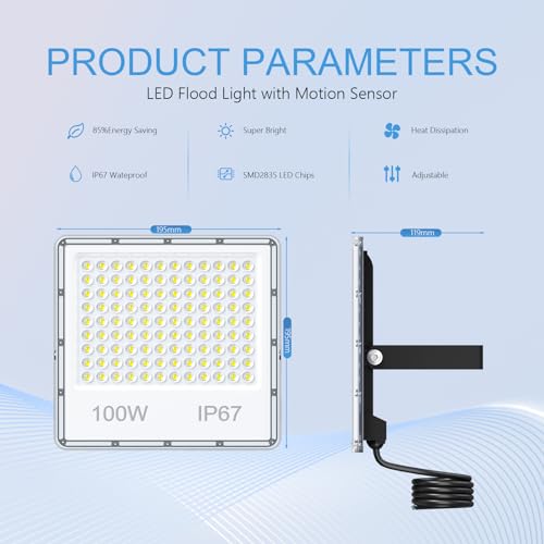 TOPAUBUB Outdoor LED Spotlights 100W, Outdoor LED Projector 10000LM 6500K Cool White Waterproof IP67 for Garden (1 Piece)