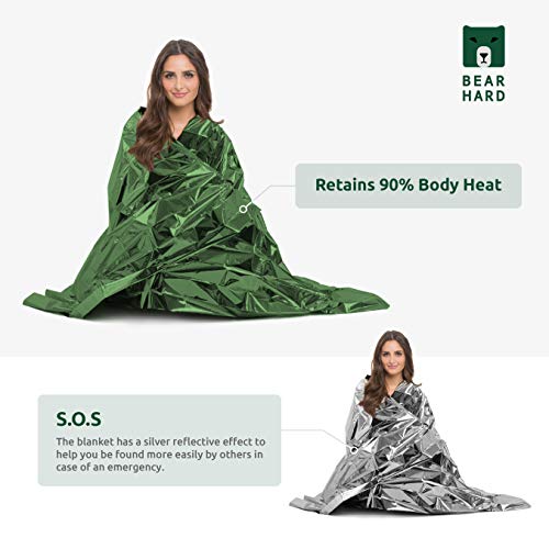 Bearhard Emergency Blanket Mylar Space Blankets 4-Pack for Camping Hiking or Outdoor Rescue Foil Thermal Survival Blankets Green