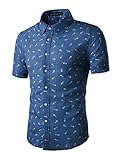Allegra K Men Short Sleeves Button Closed Fishbone Prints Cotton Shirt M Navy Blue
