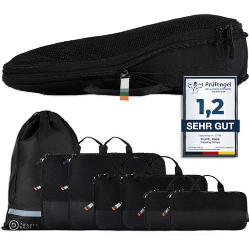 TRAVEL DUDE Packwürfel Set mit Kompression aus recycelten Plastikflaschen, Leichte Packing Cubes, Packtaschen Set für Rucksack und als Koffer Organizer, Zubehör (Schwarz, 7-teiliges Set) thumbnail 1