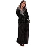 SUNBABY Thicker Long Flannel Sleepwear for Women and Man Imitation Fur Collar Bathrobes Warm Couple Pajamas(L,Black)