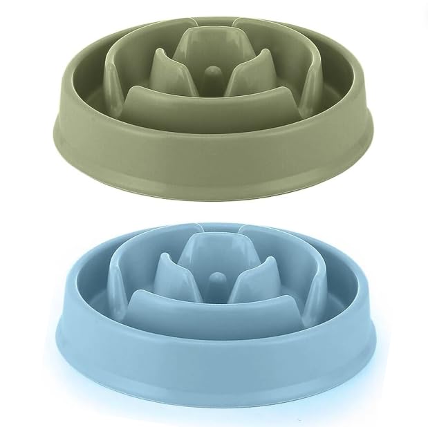 Slow Feeder Dog Bowl - Anti-Gulping Pet Bowl for Healthy Eating - Interactive Puzzle Dish Single or Twin Pack (19 x 20.6 x 5cm) (Meadow Green & Cool Breeze)
