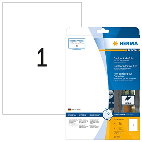 HERMA Self Adhesive Film Labels, 1 Label per A4 Sheet, 10 Sheets, 210 x 297 mm, 10 Labels, Blank Weatherproof Labels Stickers, Sticky Labels for Laser & Inkjet Printer, White