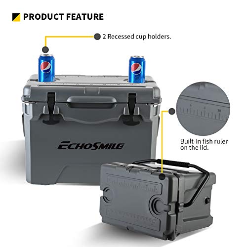EchoSmile Grey Cooler, 25 Quart Rotomolded Cooler, Portable 5 Day Ice