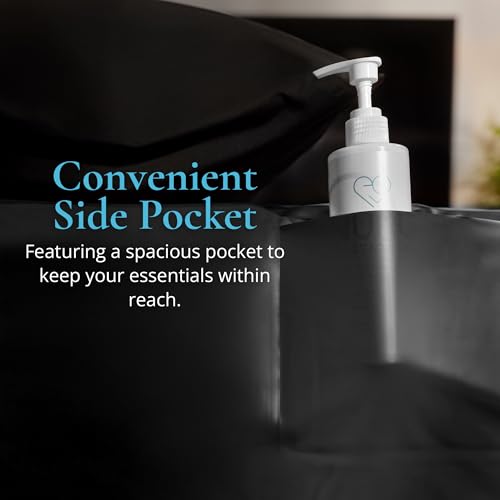Vinyl Waterproof Fitted Sheet, King 183 x 203 cm, 40 cm Deep Pocket, Phthalate-Free Black Wipe-Clean Mattress Protector with Side Pocket & Repair Kit, for Massage Oil, Water & Silicone