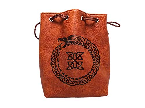 Brown Leather Lite Large Dice Bag Ouroboros Design - Brown Faux Leather Exterior Lined Interior - Stands up on its Own Holds 400 16mm Polyhedral Dice