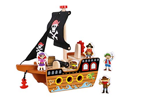 Piratenschiff aus Holz inkl. Kapitän/Matrosen Holzfiguren und Zubehör - Seeräuber Holzspielzeug für Kinder