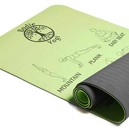 Bodie Yogi Non Slip Fitness TPE Instructional Yoga Mat W Illustrated Poses, Eco Friendly, Non-Toxic, 24 X 72, 6mm Thick (Lime Green)