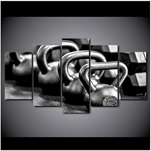 Wwjwf Canvas Painting 5 Piece Canvas Art Gym Dumbells Poster Metal Black and White Home Decor Wall Pictures for Living Room 30X50 30X70 30X80Cm No Frame