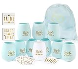 Bride Tribe Bachelorette Party Silicone Cups - Set of 10 Bundle with Temporary Tattoos Set of 12 -Bridesmaid Wedding Gift Celebration Durable Decorations (Blue)
