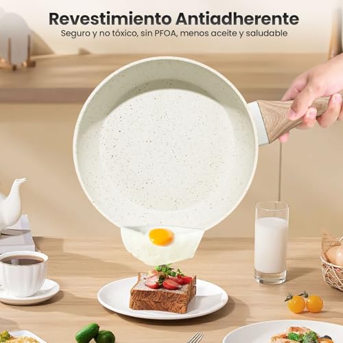 HEEDU Juego de 10 Ollas y Sartenes Antiadherentes, Batería de Cocina, Juego de Utensilios de Granito, Apto para Todas las Estufas, con Sartenes y Cacerolas (Blanco)