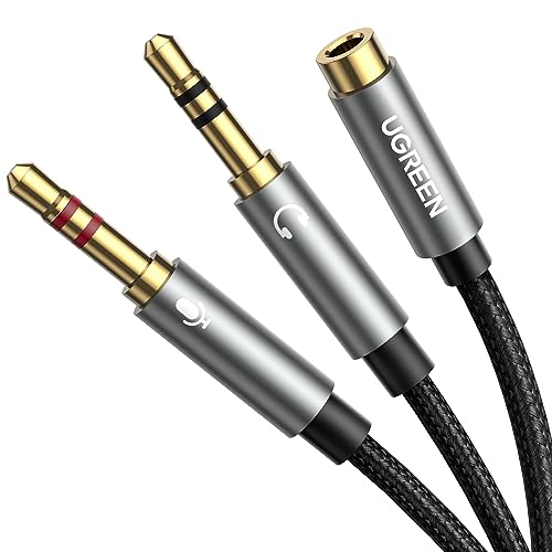 UGREEN 3.5MM Headphone Splitter 3.5mm Female to Dual Headphone and Microphone Male Port Adapter TRRS Y Splitter Compatible for Earphone, Headset, speaker and PC, Laptop and Tablet-0.2M