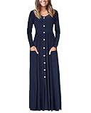 VOTEPRETTY Women's V-Neck Long Sleeve Casual Loose Button Maxi Long Dress with Pockets(Navy,XXL)