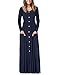 VOTEPRETTY Women's V-Neck Long Sleeve Casual Loose Button Maxi Long Dress with Pockets(Navy,XXL)