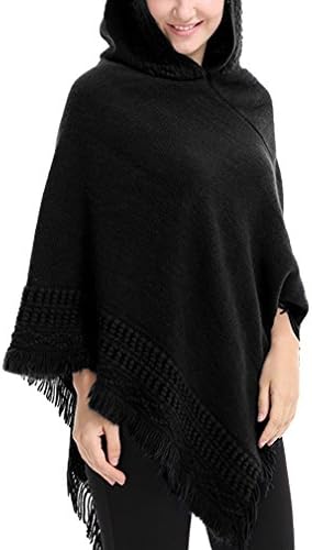 MaiTaiTai Women's Hooded Cape With Fringed Hem, Loose Poncho Cape Shawl Crochet Knitting Irregular Pullover Sweater