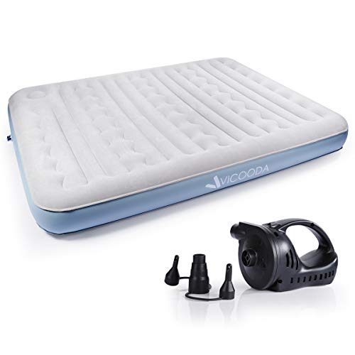 VICOODA Queen Air Mattress, Air Bed for Camping and Home Use, No Leak, Inflatable Queen Airbed Blow up Guest Bed Camping Tent Mattress Pillow Rest Raised Airbed w/Built-in Rechargeable Pump, 9 Inch