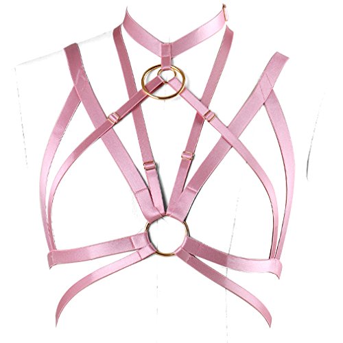 PETMHS Gothic Body Harness Bra Strap Tops Cage Lingerie Pink for Women Harness Belt (Rubber red O0590)