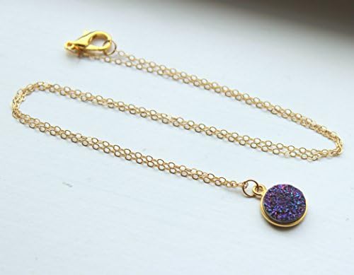 Purple Druzy Necklace 14k Gold Filled Chain Drusy Necklace Jewelry 18" Length Round Circle Pendant