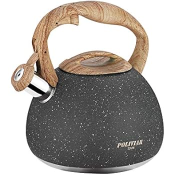 Poliviar Tea Kettle, 2.7 Quart Natural Stone Finish with Wood Pattern Handle Loud Whistle Food Grade Stainless Steel Teapot, Anti-Hot Handle and Anti-Rust, Suitable for All Heat Sources (JX2018-GR20)