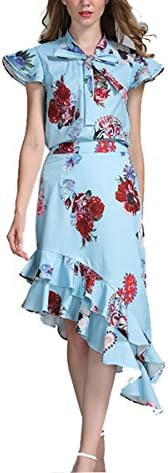 Weing Women Summer Fashion Elegant Print 2 Pieces Set Sleeveless Blouse Asymmetric Skirt Blue L