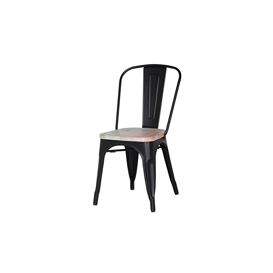 Adeco Metal Stackable Industrial Chic Dining Bistro Cafe Side Chairs, Wooden Seat, Black (Set of