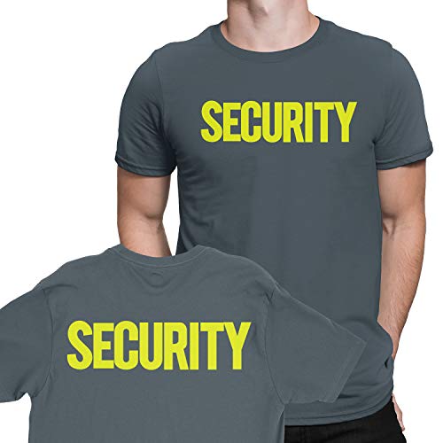 NYC FACTORY Security T-Shirt Front Back Print Mens Tee Staff Event Uniform Bouncer Screen Printed (Charcoal-Neon, Medium)