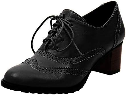 Heeled Brogues Women Shoes Leather PU Mid Block Heel Shoes Ladies Lace Up Ankle Booties 6cm Vintage Office Black Beige Brown UK 2.5-8.5