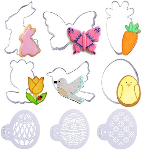 Easter Cookie Cutters Egg Bunny 6 PCS Stainless Steel Cake Biscuit Pastry Moulds Fondant Cutters and Molds for Baking Rabbit Carrot Bird Bunny Egg Flower Butterfly Decorations with Stencil