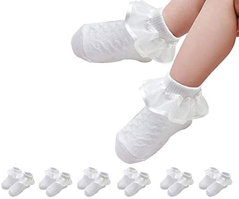 Newborn Baby Girls Lace Ruffle Frilly Ankle Socks Soft Breathable Princess Sock Set(Pack of 6) White/Pink