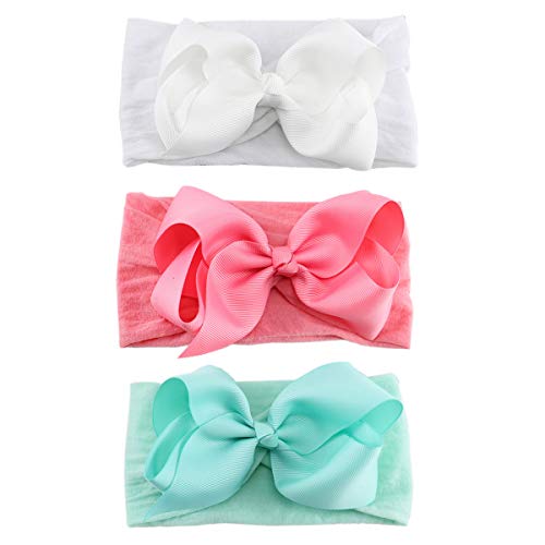 12PCS Baby Girls Grosgrain Ribbon Hair Bows Nylon Headbands 5Inch Big Bow Knotted Soft Nylon Hairbands Turban Head Wrap for Infants Toddlers Newborns Kids