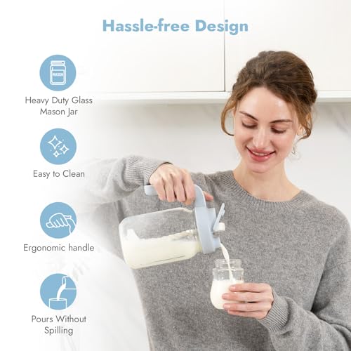 Papablic Breast Milk Pitcher, Glass Formula Mixer with Easy-Blend Handle Lid, Leakproof Breastmilk Fridge Storage Container, Wide Mouth, BPA-Free, Baby Feeding Pitcher, Blue