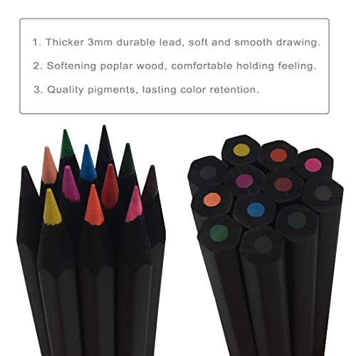 Colored Pencils, 12 Colors Black Wood Set with Sharpener, Oil Based Colored Pencils Artist Quality for Adults Coloring and Kids Doodling Drawing Painting Sketching Writing School, Pre-sharpened