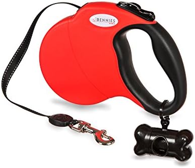 Bennies World 16ft Retractable Dog Leash for Walking Large Medium Small Dogs up to 110lbs - Reflective Ribbon Cord Tangle - One Button Brake and Lock System - Waste Dispenser and Bags