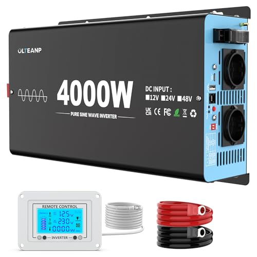 OLTEANP 4000W Pure Sine Wave Inverter 12V to 230V Car Voltage Converter with LCD Screen Remote Control, 2 AC Sockets, USB and Type-C Port Solar Power Inverter for Caravans, Boats
