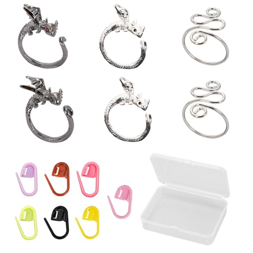Jokupey 6PCS Dragon Crochet Tension Rings and 20PCS Metal Spiral Stitch Markers for Knitting with Storage Box, Adjustable Yarn Rings for Crochet, Perfect for Knitting and Craft Projects