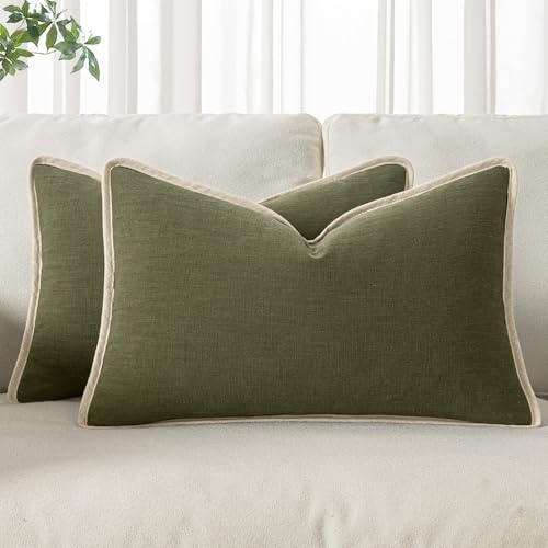 Photo 1 of ANRODUO Pack of 2 Decorative Line Soild Throw Pillow Covers Clasic Flange Border Cushion Covers Lumbar Boho Farmhouse Neutral Pillowcase for Couch Sofa Bed Living Room Decor 12x20 Inch Olive Green