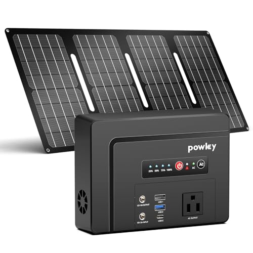 powkey Portable Power Bank with AC Outlet 100W Plus Foldable Solar Panel 40W, 97.68Wh/26400mAh Portable Battery Pack with AC Outlet PD65W USB C Battery Bank Fast Charging for Outdoor Camping Travel RV