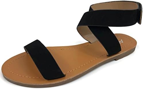 Anna Fashion Womens Cute Ankle Wrap Sandal with Over Toe Strap Flat, Black, 8