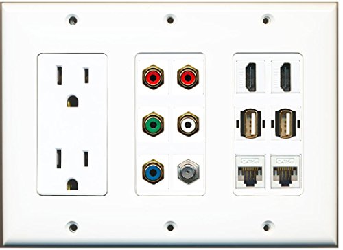 RiteAV 2 HDMI 2 USB 2 Cat5e Ethernet Component (5 x RCA RGB + Stereo ) 1 Coax Cable TV 3 Gang Wall Plate