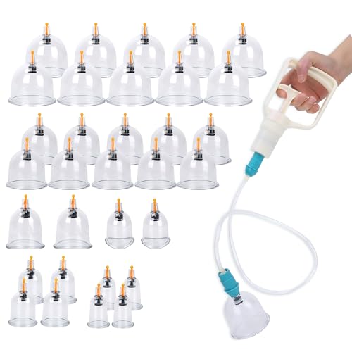 24-Piece Cupping Therapy Set with Suction Cups for Body and Back Pain Relief - Neck Massager Cellulite Massager Cup with Vacuum Pump and Acupressure Magnet - Facial Cupping Set for Face