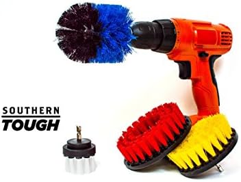 Heavy Duty Power Scrubbing Drill Brush Attachment Set - Multi-Surface Cleaning - Bathroom Kitchen Carpet Car Boat Deck Wheel - 2in White Soft, 4in Yellow Stiff, 5in Red Hard, Cone-Shaped Blue Stiff