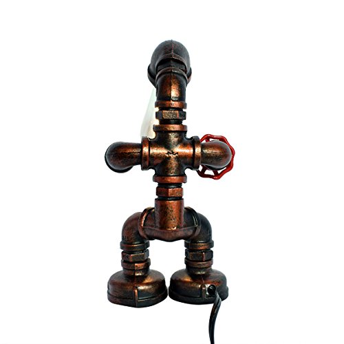 Lingkai Desk Table Lamp Industrial Retro Steampunk Desk Lights Rust Iron Robot Plumbing Pipe Light Table Light with Red Valve Handle and Switch