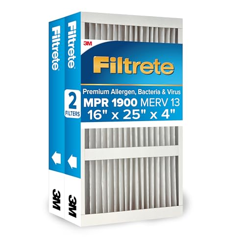 Filtrete 16x25x4 AC Furnace Air Filter, MERV 13, MPR 1900, Premium Allergen, Bacteria & Virus Filter, Electrostatic Air Cleaning Filter, 2-Pack (Actual Size 15.44 x 24.62 x 4.31 in)