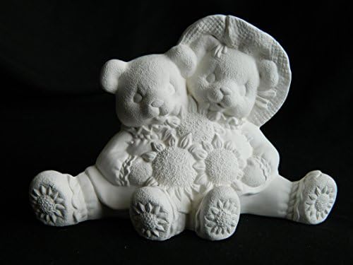 Ceramic Bisque Scarecrow Cuddle Bears with Sunflower (Ready to Paint)