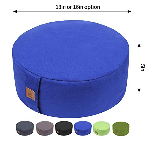 FelizMax Zafu Buckwheat Meditation Cushion, Round zabuton Meditation Pillow, Yoga Bolster, Floor Pouf, Zippered Organic Cotton Cover, Machine Washable – Blue, 13″x13″x5″
