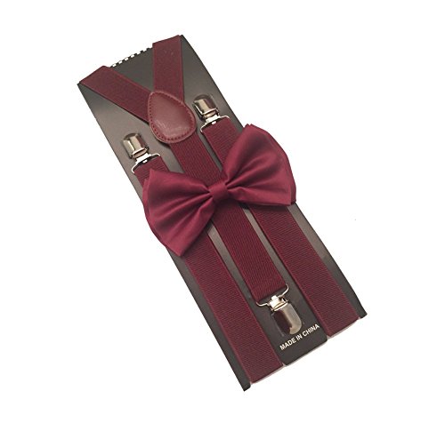 Burgundy Mens Bowtie Set Youth Bow Tie and Suspenders for Men Clip Suspenders